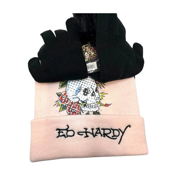 Ed Hardy Skull Rose 2 Beanies & Gloves Set Pink Black Faux Fur Pom Pom - Picture 3 of 3